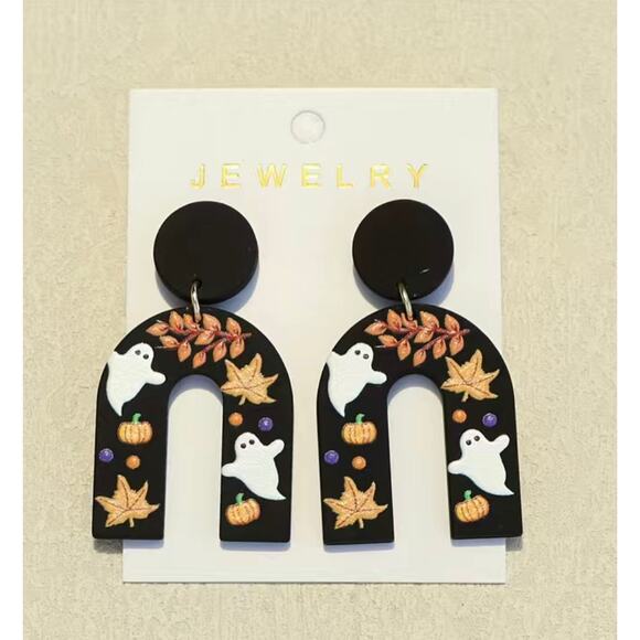 Halloween Dangle U-Shaped Resin Earrings Ghost Maple Leaves - Picture 4 of 4